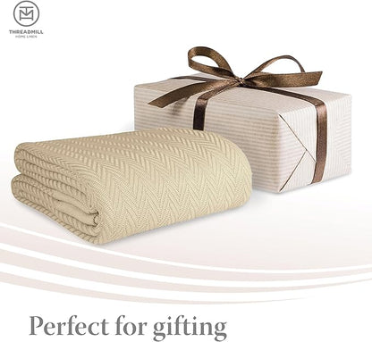 Threadmill Luxury Cotton Blankets for King Size Bed | All-Season Cozy 100% Cotton King Size Blanket | Herringbone Soft Fall Thermal Blanket fits California King Size Bed, 106x92 | Beige