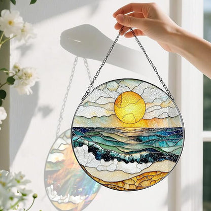 8-Inch Stained Glass Ornament, Stained Glass Window Hanging, Window Hanging Decor Suncatcher, Beach Sunset Ornament | Summer Vibes Gift | Gifts for Beach Lovers, Friend & Family