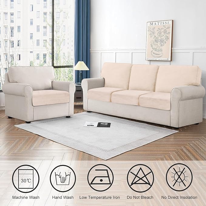 Couch Cushion Cover Velvet 1 Piece Seat Cushion Cover Stretch Armchair Cover Separate Sectional Sofa Slipcovers Furniture Protector (1-Seater or Sofa Backrest, Beige)