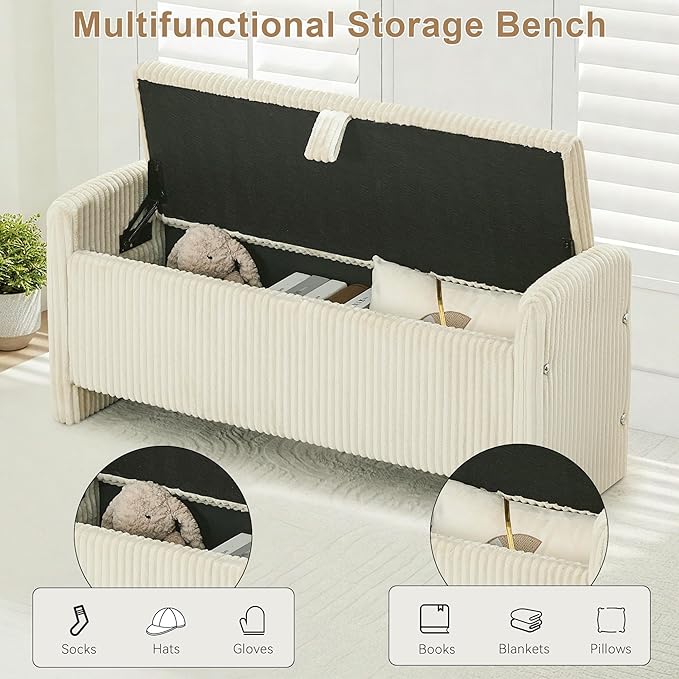 44" Storage Ottoman Bench, Upholstered End of Bed Storage Benches, Rectangle Ottoman with Storage for Bedroom, Entryway, Corduroy Beige