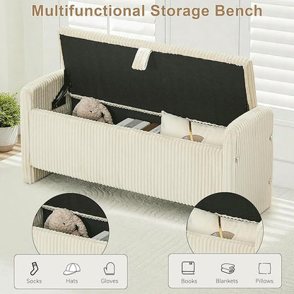 44" Storage Ottoman Bench, Upholstered End of Bed Storage Benches, Rectangle Ottoman with Storage for Bedroom, Entryway, Corduroy Beige