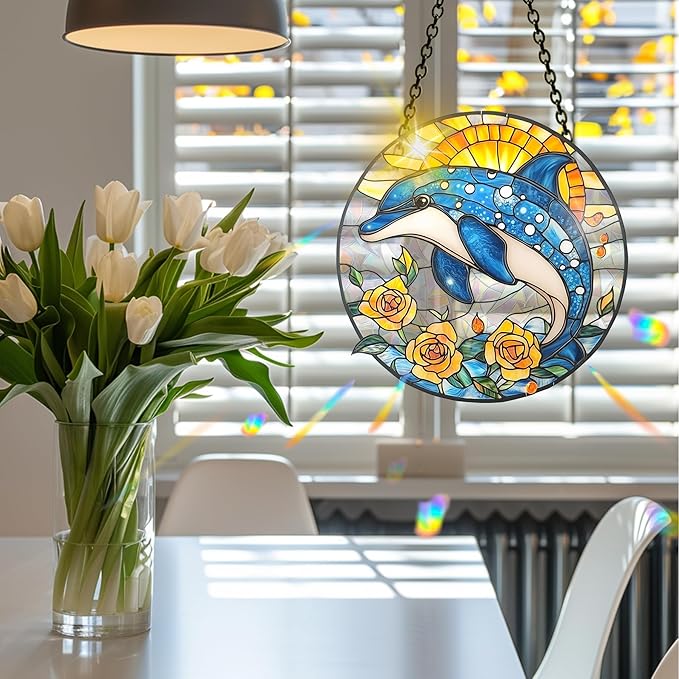 VAIIEYO Dolphin Acrylic Sun Catcher Window Hanging Decoration, 7.8 Inch Double-Sided Light Reflecting Ornament for Window, Garden, Porch or Balcony Decor, Housewarming, Gift for Natural Lovers