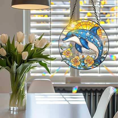VAIIEYO Dolphin Acrylic Sun Catcher Window Hanging Decoration, 7.8 Inch Double-Sided Light Reflecting Ornament for Window, Garden, Porch or Balcony Decor, Housewarming, Gift for Natural Lovers