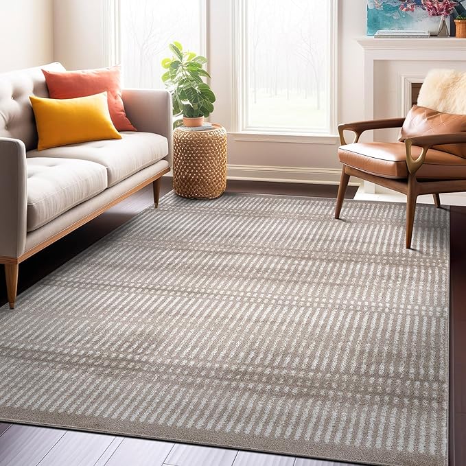 Rugshop Contemporary Stripe Lines High Traffic Living Room,Bedroom,Kitchen, Home Office High Traffic Living Room,Bedroom,Kitchen, Home Office Area Rug 5' x 7' Beige