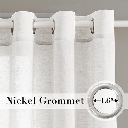 H.VERSAILTEX Linen Curtains Nickel Grommet Natural Linen Semi-Sheer Curtains 2 Panels Privacy Added Premium Soft Rich Material Drapes for Bedroom/Living Room - 37x84 Inch- White