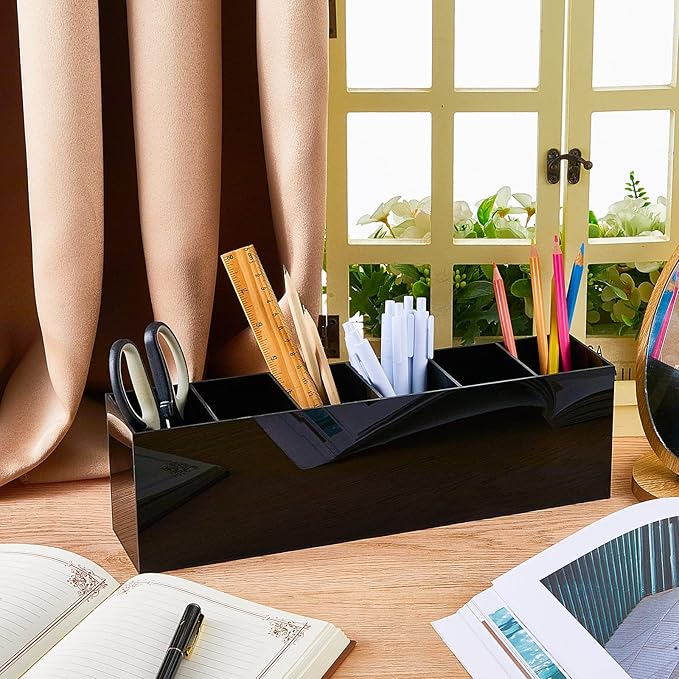 Jetec Acrylic Pen Holder 6 Compartments Makeup Brush Stationery Organizer Pencil Holder for Desk Accessories, Cosmetic Brushes, Dorm, Home, Bathroom, Kitchen, Office Supplies(Black)
