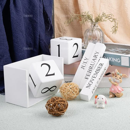 AUEAR, Wooden Block Perpetual Desk Calendar Desktop Cube Rustic Chic Number for Home Office Decoration Large (White)