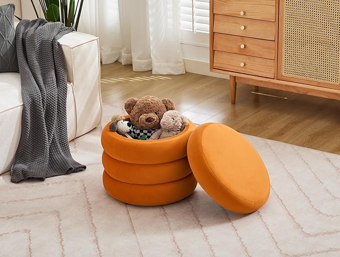 Flouki 20.1" Storage Ottoman Round, Vanity Stools for Bedroom, Entryway Ottoman for Console Table, Ottoman Stool for Girls Women, Foot Stool for Living Room, Set of 2, Velvet Orange