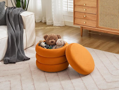 Flouki 20.1" Storage Ottoman Round, Vanity Stools for Bedroom, Entryway Ottoman for Console Table, Ottoman Stool for Girls Women, Foot Stool for Living Room, Set of 2, Velvet Orange