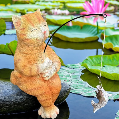 9.5“ Cat Fishing Garden Sculptures & Statues, Stone Look Fishing, Whimsical Lawn Yard Art, Funny Garden Pond Fisherman, Resin Animal Decor, Cat Lover Ornament, Cute Outdoor Statue