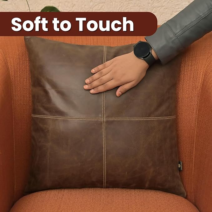 LL LEATHER LOVERS Lambskin Leather Pillow Cover - Sofa Cushion Case - Decorative Throw Covers for Living Room & Bedroom, 22x22 Inches - Chiku Brown Plain Pack of 1