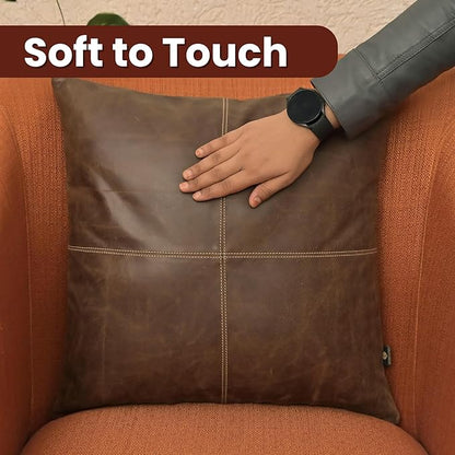 LL LEATHER LOVERS Lambskin Leather Pillow Cover - Sofa Cushion Case - Decorative Throw Covers for Living Room & Bedroom, 18x18 Inches - Chiku Brown Plain Pack of 2