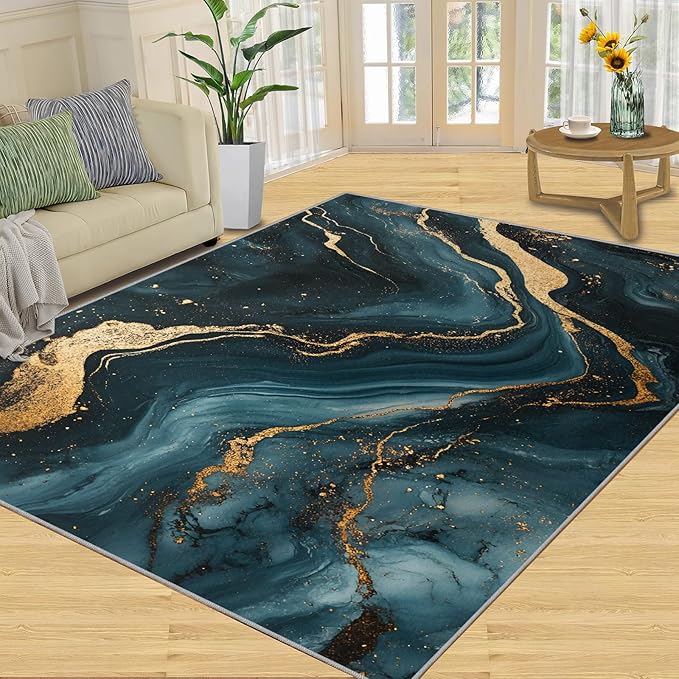Marble Washable Area Rugs 2x3 Non-Slip Fluid Art Living Room Rug Gold Lines Soft for Carpet Low Pile Indoor Door Mat & Room Decor