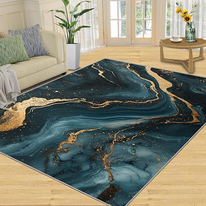 Marble Washable Area Rugs 6x8 Non-Slip Fluid Art Living Room Rug Gold Lines Soft for Carpet Low Pile Indoor Door Mat & Room Decor