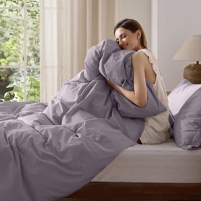 Bedsure 100% Washed Cotton Duvet Cover King Size - Lavender Minimalist Cotton Duvet Cover Linen Like for All Seasons - GentleSoft™ Plain Simple Bedding (Lavender, King, 104"x90")