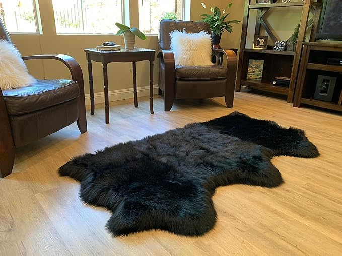 LAMBZY Faux Sheepskin Super Soft Hypoallergenic Silky Shag Rug for Living Room, Kids Room, Sofa (Triple Side by Side 3'x6', Black)
