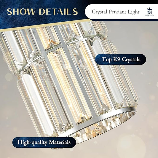 Chrome Pendant Lighting, Modern Crystal Mini Pendant Light Fixture, Adjustable 3-Pack Chandeliers for Kitchen Island, Dining Room, Bedroom