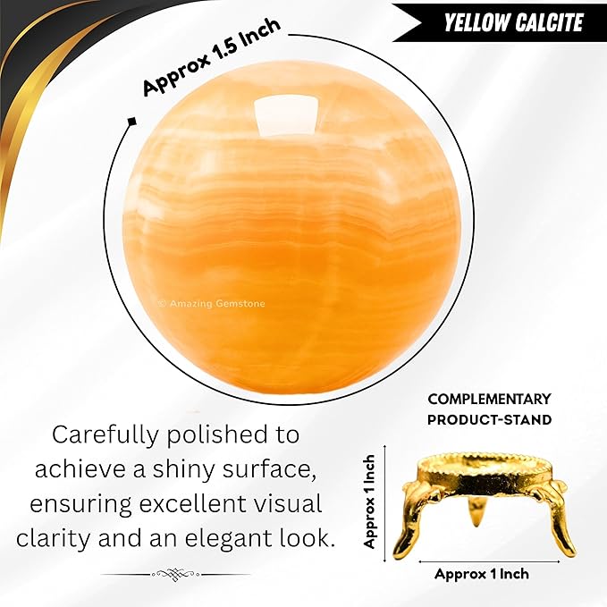 Amazing Gemstone Yellow Calcite Banded Crystal Ball with Stand - 1.5" Inches Crystal Sphere Meditation Balls for Witchcraft and Decorative Balls