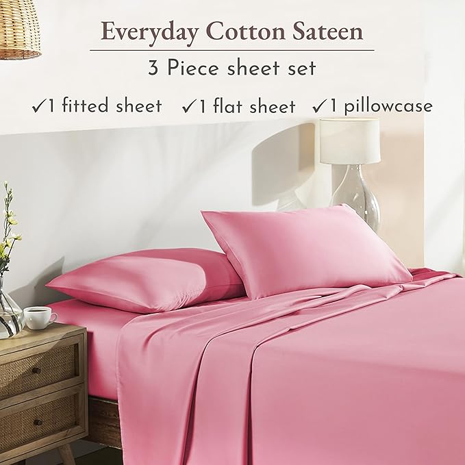 California Design Den XL Twin Sheets Set - Natural 100% Cotton Sheets, Soft Sateen, Fully Elasticized Deep Pockets, Breathable and Durable Bedding for Dorm Room - Doll Pink