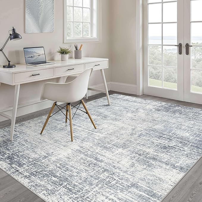 4x6 Rug Washable Area Rugs: Neutral Abstract Soft Modern Stain Resistant Small Indoor Floor Non-Slip Low Pile Throw Carpet for Entryway Kitchen Bedroom Nursery Kids Office Playroom Home House- Blue