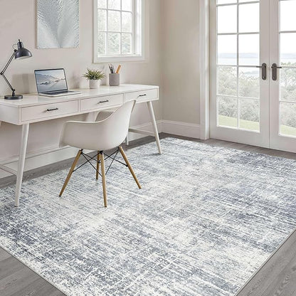 4x6 Rug Washable Area Rugs: Neutral Abstract Soft Modern Stain Resistant Small Indoor Floor Non-Slip Low Pile Throw Carpet for Entryway Kitchen Bedroom Nursery Kids Office Playroom Home House- Blue