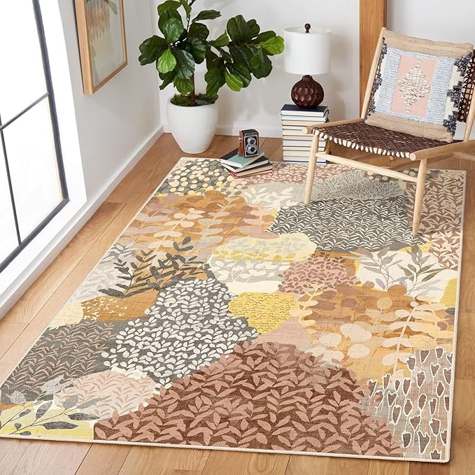 DEXDE Fall Washable Area Rug 3x5 for Living Room, Tropical Vintage Leaf Floral Rugs Non Slip Soft Kids Room,Abstract Small Boho Carpet for Bedroom, Entryway, Kitchen, Office Dining Room,Camel