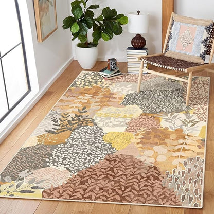 DEXDE Fall Washable Area Rug 3x5 for Living Room, Tropical Vintage Leaf Floral Rugs Non Slip Soft Kids Room,Abstract Small Boho Carpet for Bedroom, Entryway, Kitchen, Office Dining Room,Camel
