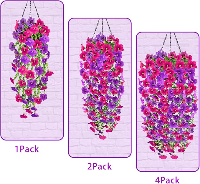 Artificial Fake Hanging Flowers Plants for Outdoor Fall Decoration, 4PCS UV Resistant Look Real Trailing Vines for Outside Home Planter Porch Patio Mums Autumn Decor (Purple&Pink Rose)