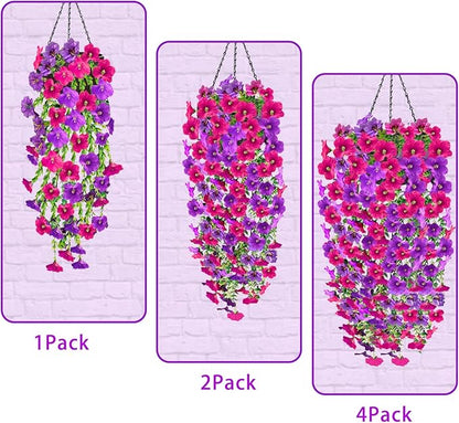 Artificial Fake Hanging Flowers Plants for Outdoor Fall Decoration, 4PCS UV Resistant Look Real Trailing Vines for Outside Home Planter Porch Patio Mums Autumn Decor (Purple&Pink Rose)