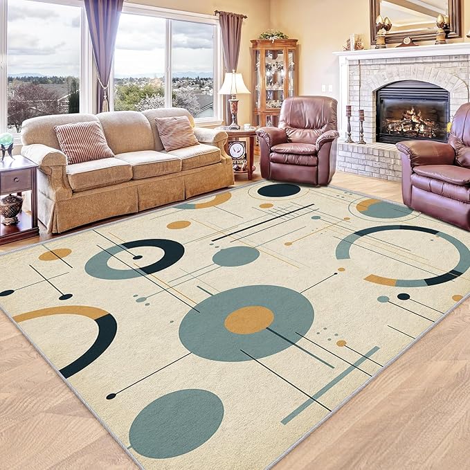 Mid Century Modern Rugs 8x10 - Mid Century Carpet, 3x4 Rug, Abstract Rug & Home Decor, Geometric Circle Area Rug & Room Decor, Washable Non Slip Anti Skid Rugs