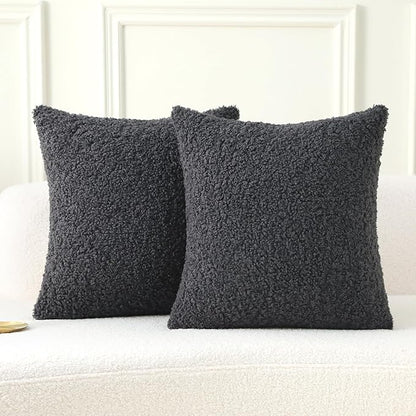 FUTEI Charcoal Throw Pillow Covers 22x22 Inch Set of 2,Furry Faux Fur Teddy Boucle Textured Cushion Covers,Soft Fluffy Decorative Pillow Case,Home Decor for Couch Bed Living Room Office Car