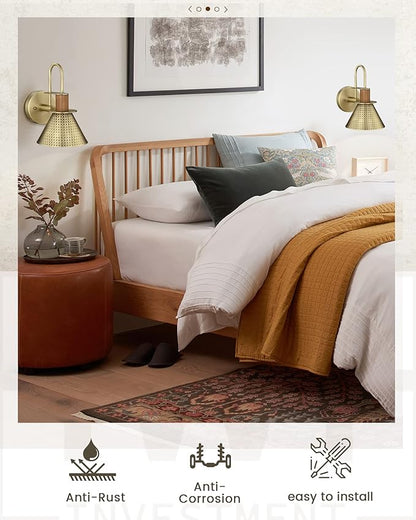 Brass Wall Sconces Set of Two, HWH Industrial Wall Light Fixtures Gold Barn Light, Single Wall Lamp for Bedroom Bedside Bathroom Kitchen, Hammered Metal Shade, Antique Brass, 5HZG74B-2 BG