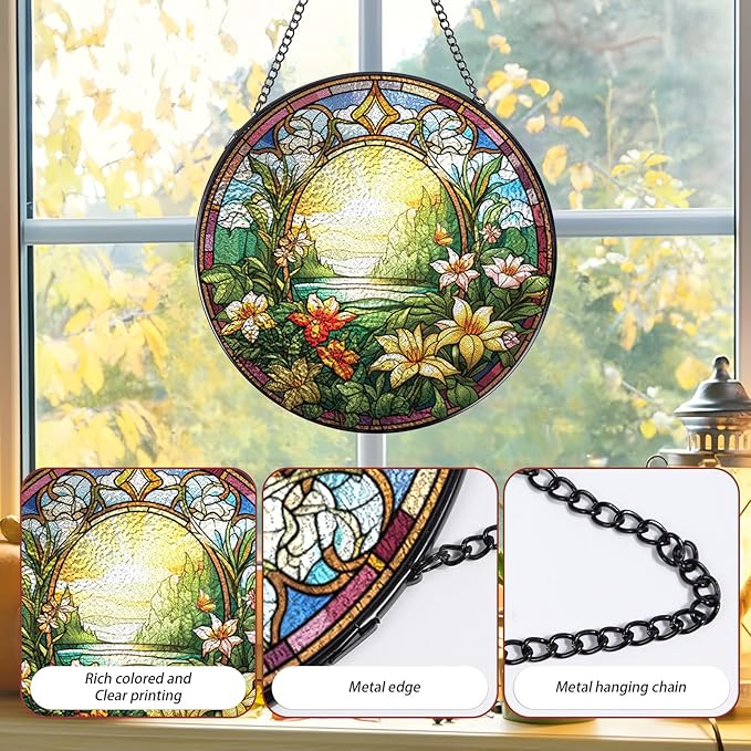 Rngmsi Wildflowers Stained Glass Window Hanging Decor, 7.8″ Floral Sun Catchers Stain Glass Window Hanging with Hook Indoor, Suncatcher Home Garden Art Gift for Thanksgiving Christmas Housewarming