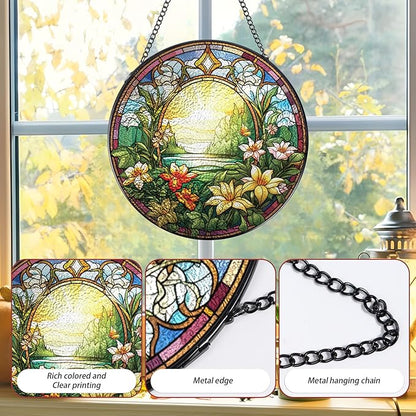Rngmsi Wildflowers Stained Glass Window Hanging Decor, 7.8″ Floral Sun Catchers Stain Glass Window Hanging with Hook Indoor, Suncatcher Home Garden Art Gift for Thanksgiving Christmas Housewarming