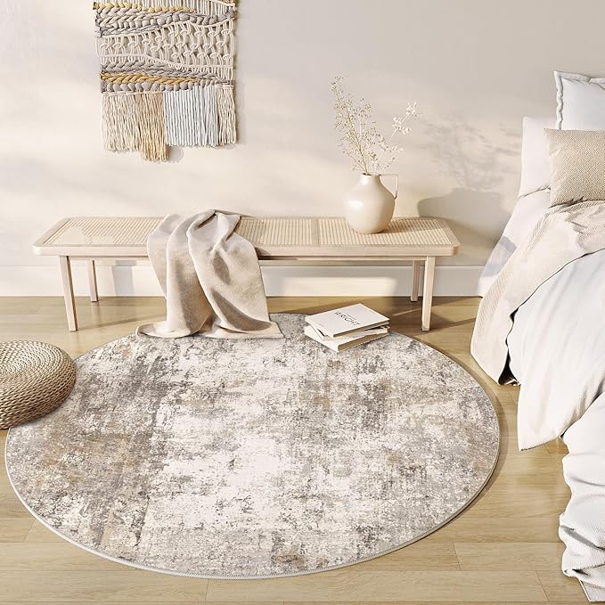 5x5 Washable Round Rug Brown Grey Abstract Living Room Bedroom Area Rug Neutral Modern Non Slip Soft Low Pile Indoor Carpet for Dining Room Office Entryway