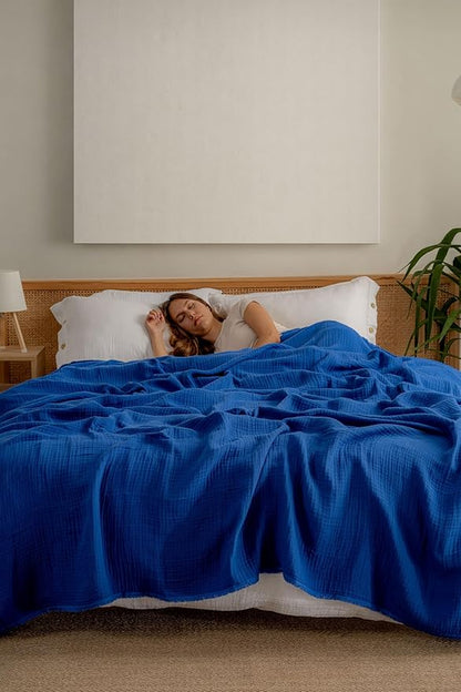 Muslin Blanket - Pure 100% Turkish Cotton Airy Soft Light Versatile Gauze Throw Blanket for Bed, Couch, Sofa (Blue, Queen XL Size (95" x 95" inch))