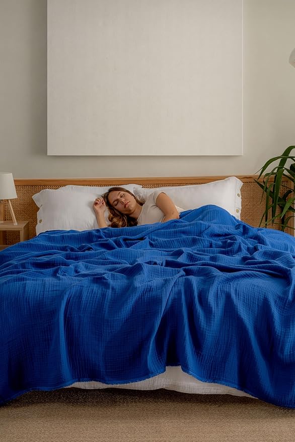 Muslin Blanket - Pure 100% Turkish Cotton Airy Soft Light Versatile Gauze Throw Blanket for Bed, Couch, Sofa (Blue, California King Size (95" x 125" inch))