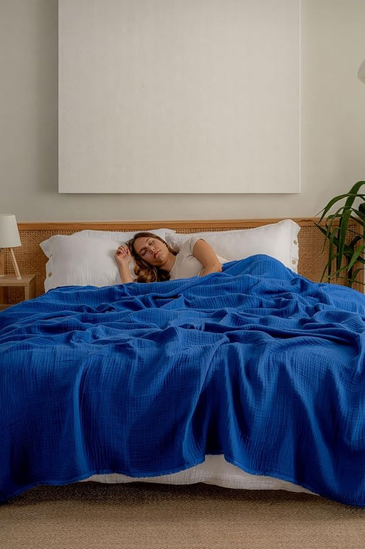 Muslin Blanket - Pure 100% Turkish Cotton Airy Soft Light Versatile Gauze Throw Blanket for Bed, Couch, Sofa (Blue, California King Size (95" x 125" inch))