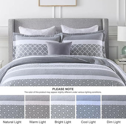 Quilts Queen Size - Queen Quilt Bedspread Sets, 100% Cotton Quilted Bedding Set for Queen Bed, 3 Pieces Floral Striped Reversible Lightweight Comforter, Bluish Grey