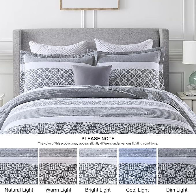King Size Quilt Set - King Quilted Bedspread Sets, 100% Cotton Quilt, King Bed Spread Bedding Set, 3 Pieces Floral Striped Reversible Lightweight Comforter, Bluish Grey