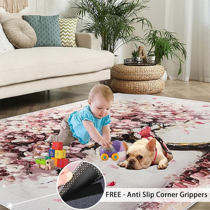 Graffiti Tree Washable Rugs 5x8 Rug for Living Room, Pink Petals 5x8 Rug Oil Painting Art Low-Pile Carpet for Bedroom Dining Non Slip Mat with Rubber Back