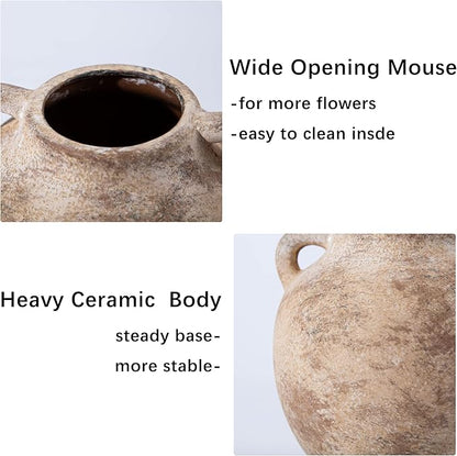 Rustic Vase - Small Vases for Pampas Grass - Farmhouase Decorative Wide Mouth vase for Bouquet, Lyeec Clay Pottery Terracotta Round Vases for Home Decor