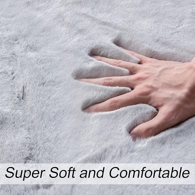 Washable Furry 5ft Round Area Rugs for Living Room Bedroom Light Grey Circle Faux Rabbit Shaggy Fur Rug Teen Room Décor