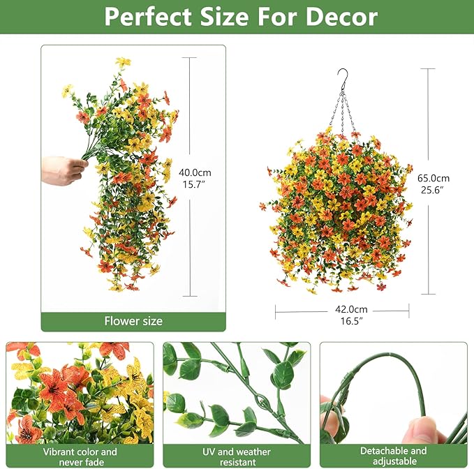 INQCMY Artificial Fake Hanging Flowers Plants Baskets for Outdoor Fall Decoration,Faux Silk Flower in Planter UV Resistant Look Real for Home Outside Porch Garden Yard Patio Decor