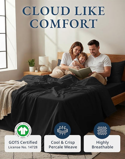 Lane Linen 100% Organic Cotton California King Sheets Set, 4-Piece Pure Organic Cotton Long Staple Percale Weave Ultra Soft Best Bedding Sheets for Bed, Breathable, Fits Mattress Upto 15" Deep - Black