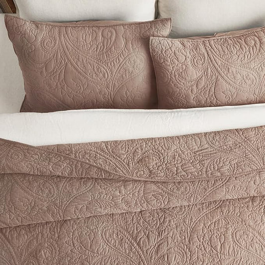 EVERGRACE 100% Cotton Paisley Quilt Set, Queen Size 3 Piece Set – Prewashed Lightweight Bedspread with 2 Shams, Soft & Breathable Matelasse Coverlet for All-Season Comfort, Dusty Brick