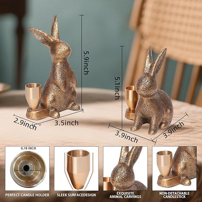 Gold Rabbit Candle Holders - Bunny Set of 2 Vintage Rustic Pedestal Candlesticks, Easter Decorations, Holiday & Themed Decor, Centerpieces for Fireplace Mantle & Dining Table