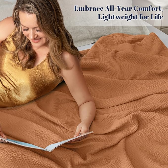 PHF 100% Cotton Muslin Blanket Twin XL Size 66"x90", 4-Layer Lightweight Gauze Throw, Breathable Cloud-Soft Minimalist Blanket for Bed, Couch, Camping & Baby, Caramel, Ideal Gift