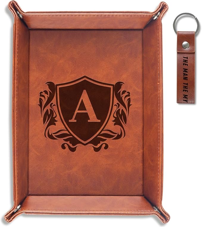 INNObeta Initial Valet Tray, Desktop Storage Organizer, PU Leather Bedside Tray Key Coin Holder, Personalised Gifts for Men, Birthday, Christmas, Letter A