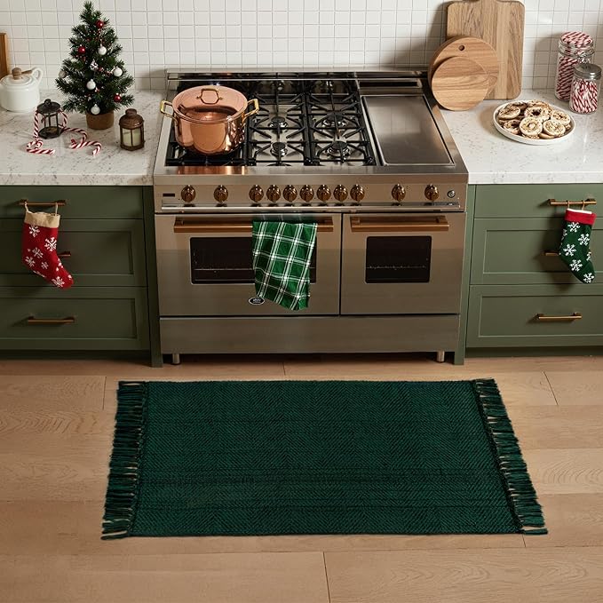 Collive Christmas Kitchen Rugs Washable, 2' x 4.3' Green Hand-Woven Farmhouse Bathroom Mats, Low File Front Door Rug Boho Reversible Bedroom Runner Carpet for Entryway Foyer Home Decor
